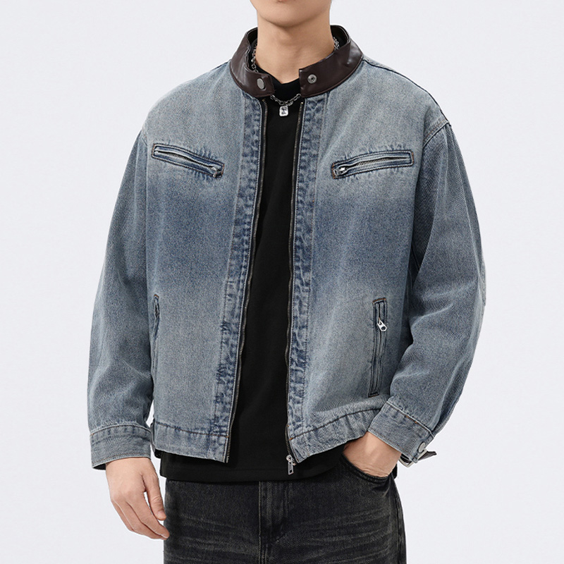 Leather Work Jacket - 스탠드 가죽 칼라 데님 재킷 남성