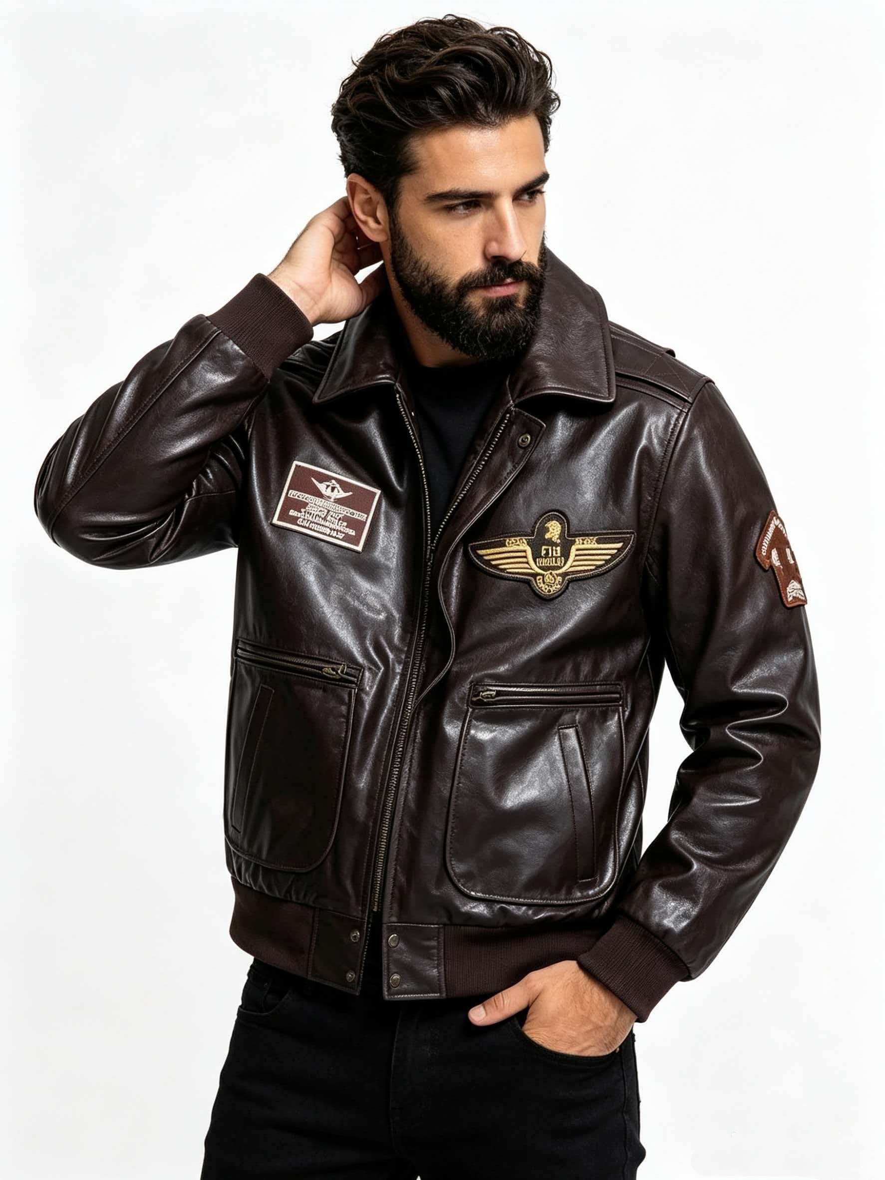 Leather Work Jacket - 남성용 진짜 가죽 밀리터리 플라이트 재킷