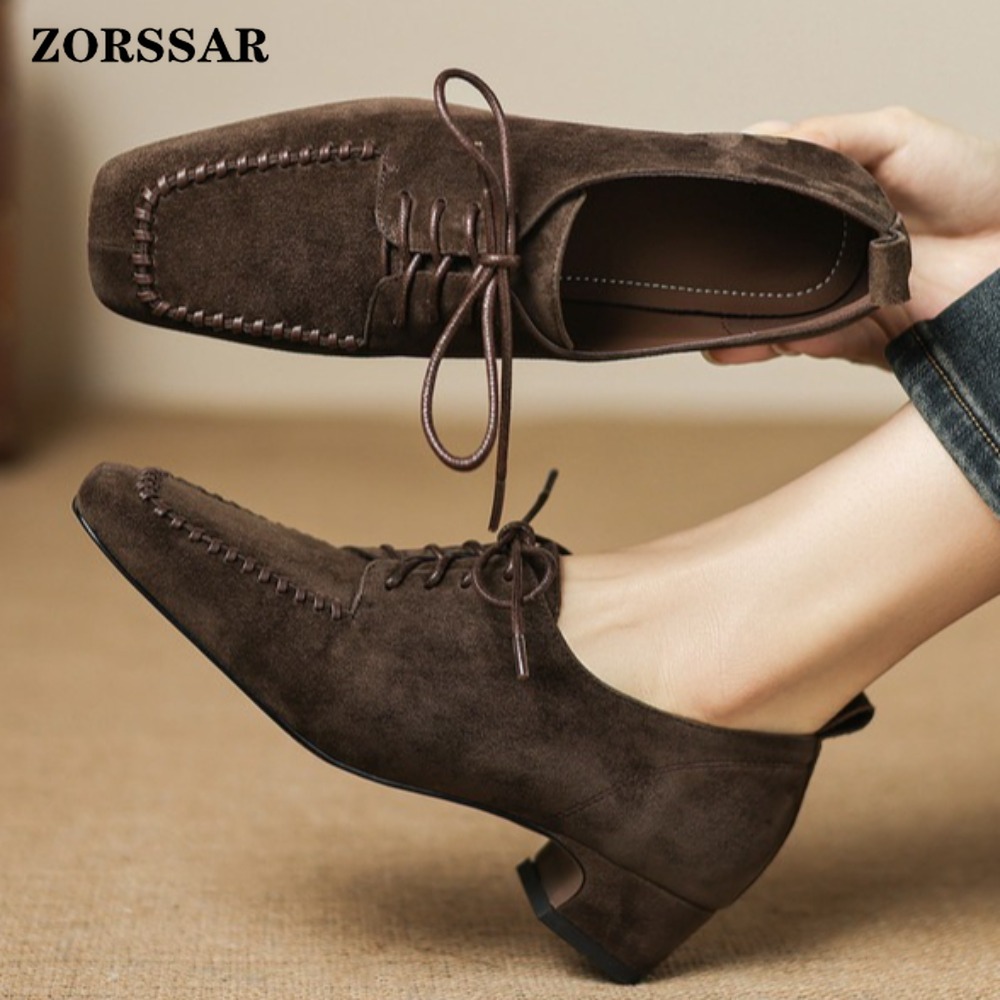 Leather Work For Kids - 여성용 브라운 스웨이드 스퀘어 토 레이스업