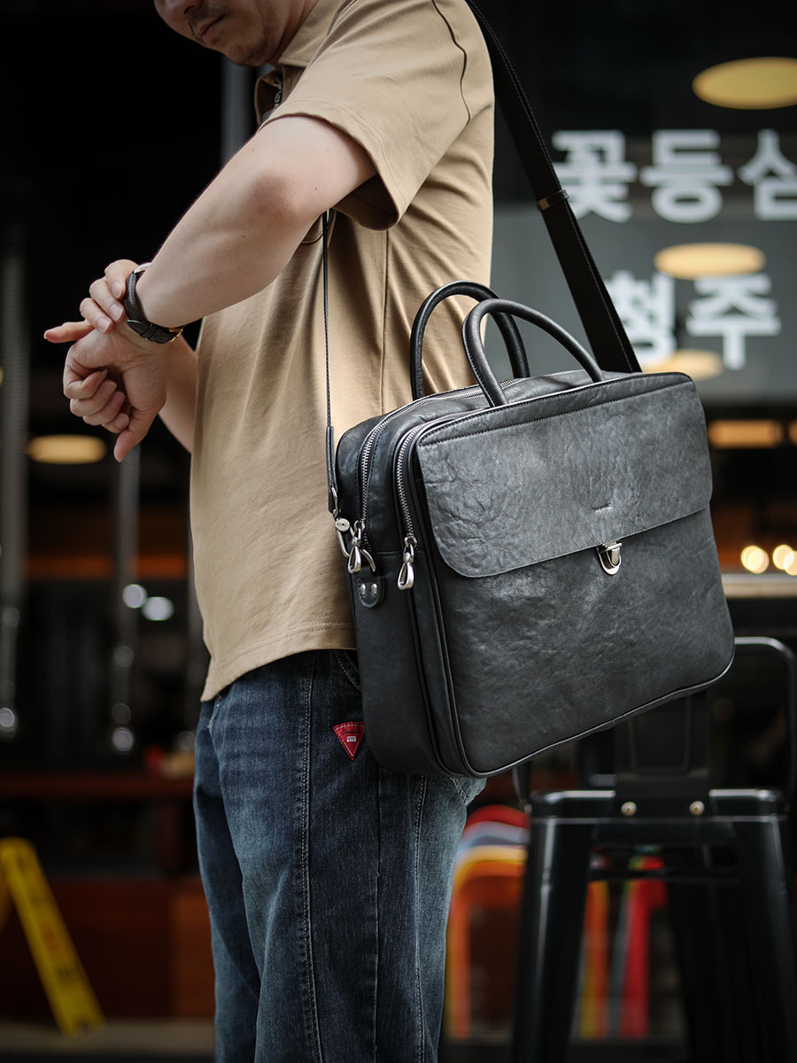 Leather Work Handbag - LuxurySoft 블랙 정품 가죽 남성용 핸드백