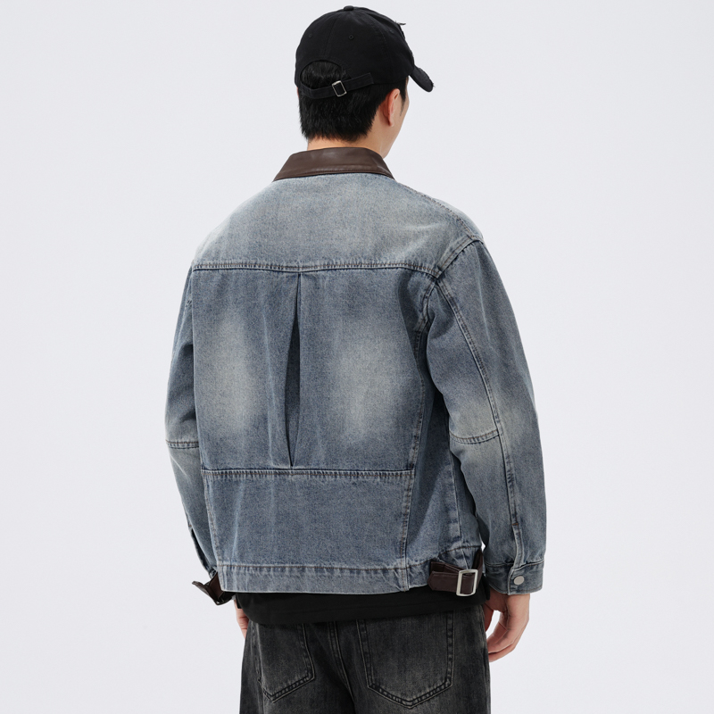 스탠드 가죽 칼라 데님 재킷 남성 패션 빈티지 루즈 캐 - Leather Work Jacket 리뷰 및 가격